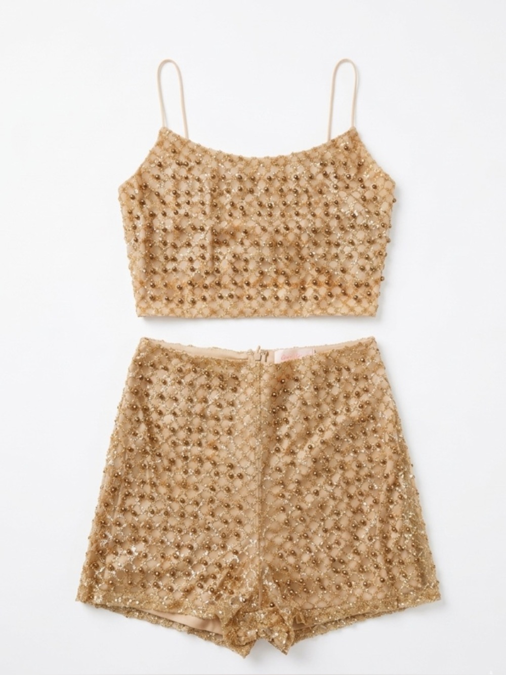 SOLD!! Luxxel Nude Gold Beaded Crop Top & Shorts Set. Co-ord set